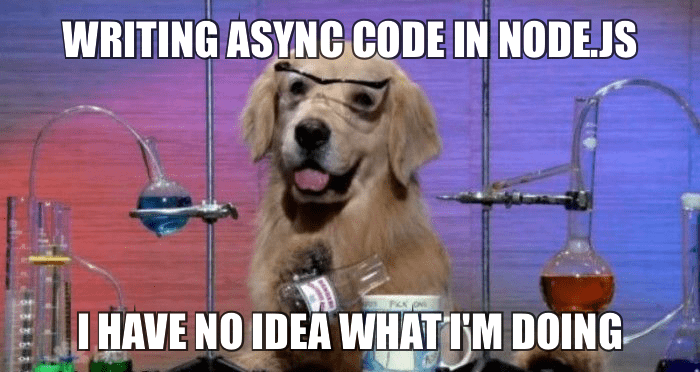 Dog in lab meme with the text: Writing async code in Node.js, I have no idea what I'm doing