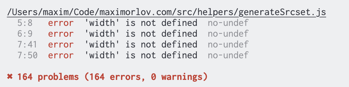 Screenshot of ESLint error messages indicating `width` is not defined in a file named `generateSrcset.js`.