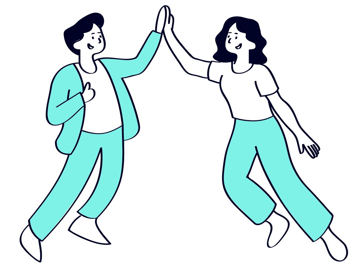 Two animated characters, one male and one female, giving each other a high-five. They are both smiling and appear to be in motion, as if walking towards each other. They are casually dressed, suggesting a friendly or celebratory interaction in an informal setting.