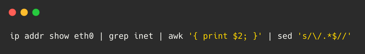 Linux code example in the terminal using grep, awk and sed commands with pipe operators