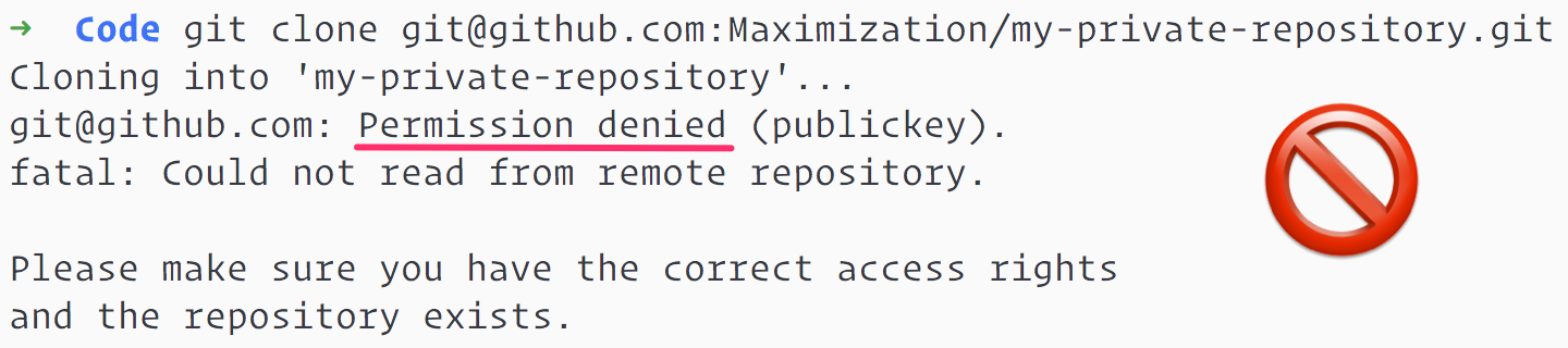 Screenshot of terminal code trying to clone a private repository from Github and getting Permission denied (public key) error in response