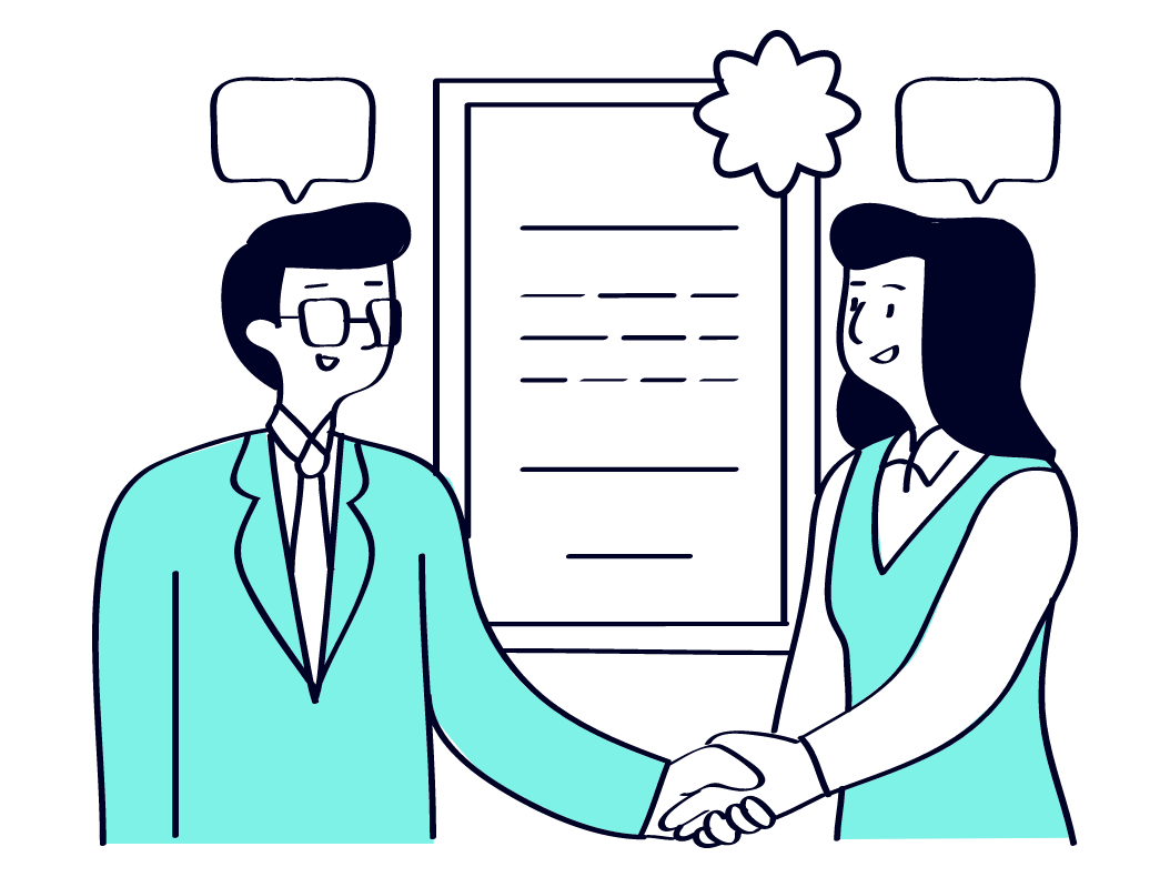 Two animated characters, one male and one female, dressed in professional attire, shaking hands. Both characters are smiling and have speech bubbles above their heads, indicating they are having a conversation. Behind them is a large framed document or certificate on the wall. The overall scene suggests a positive business agreement or a successful negotiation.