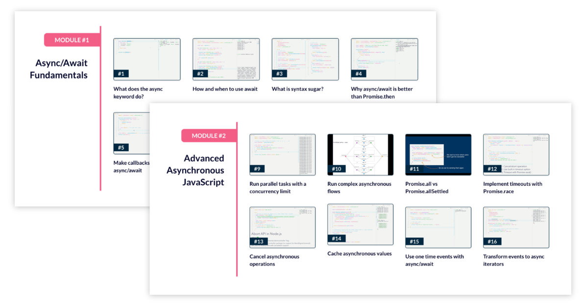 Practical Async/Await, write modern asynchronous JavaScript that just works — today. Beginner & intermediate modules, 16 video lessons, bonus content.