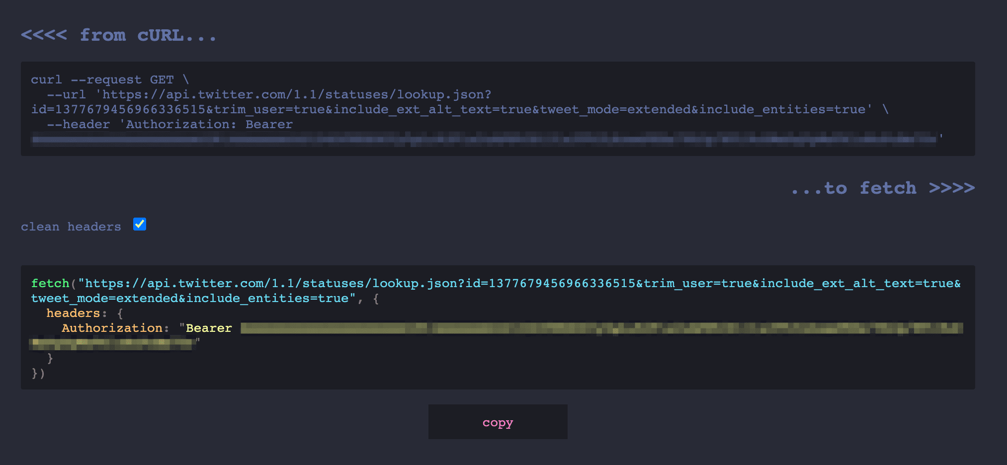 Screenshot of https://kigiri.github.io/fetch/ with a cURL request to Twitter API at the top and the fetch equivalent at the bottom.