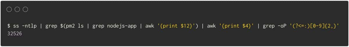 Get the port of a running Node.js process by its PM2 Name with the following command: ss -ntlp | grep $(pm2 ls | grep <app_name> | awk '{print $12}') | awk '{print $4}' | grep -oP '(?<=:)[0-9]{2,}'.