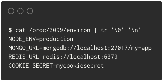 Get the ENV vars of a running process with cat /proc/$PID/environ | tr '0' '
'.