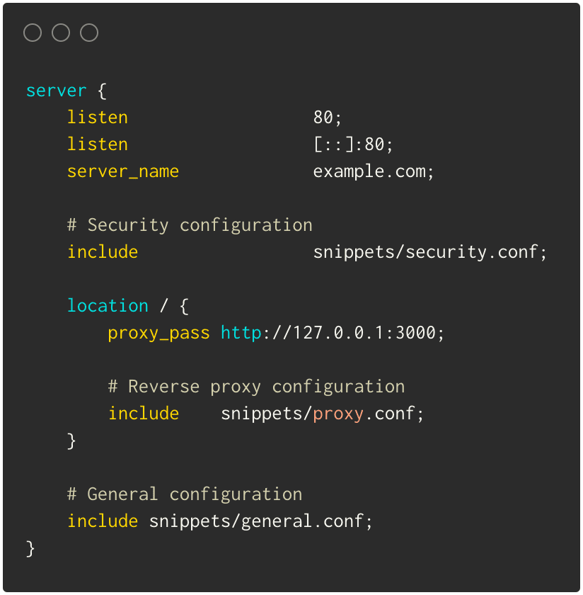 Typical Nginx configuration using two includes to import configurations from snippets/security.conf and snippets/general.conf.