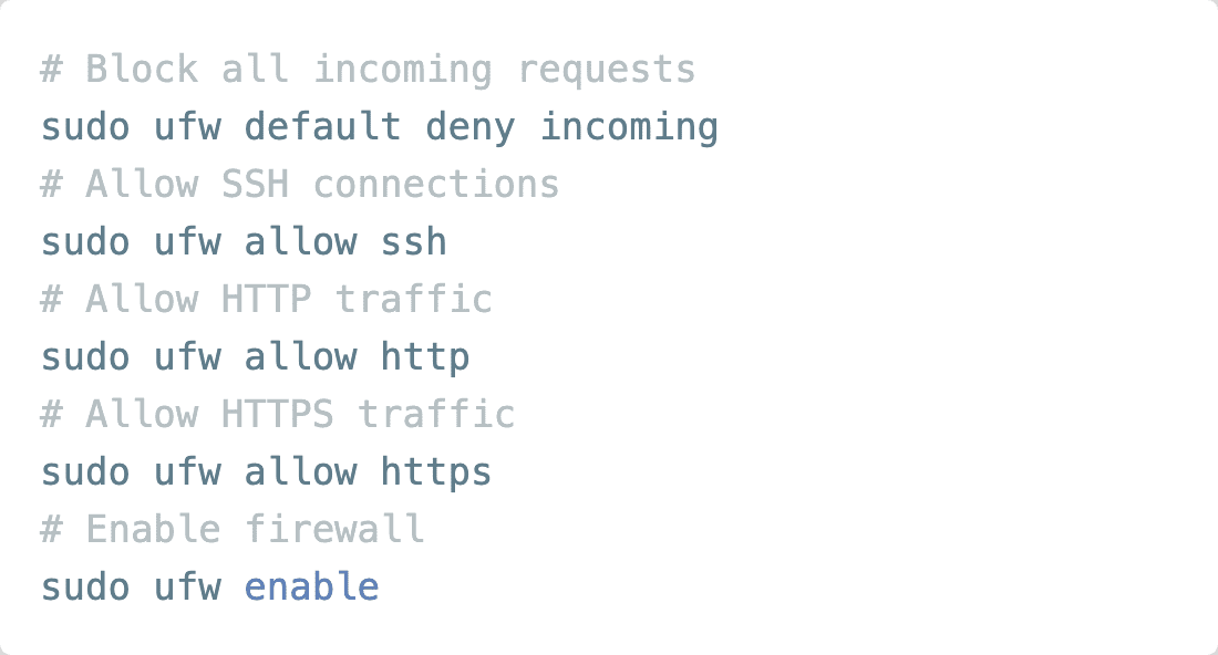 Setting up a firewall with ufw in Ubuntu by blocking all incoming traffic except SSH, HTTP & HTTPS.