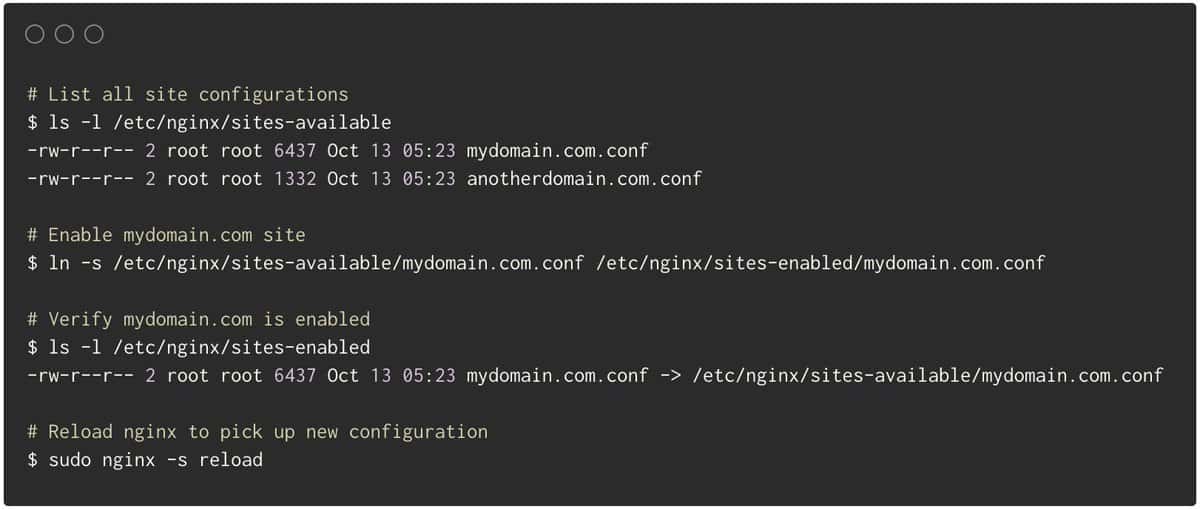 Create a symlink with ln -s from sites-enabled to sites-available to enable a site's configuration.