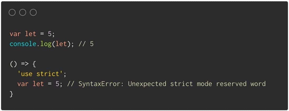 In non-strict mode you can use a reserved keyword such as let as a variable name. In strict mode the JavaScript compiler throws a SyntaxError.