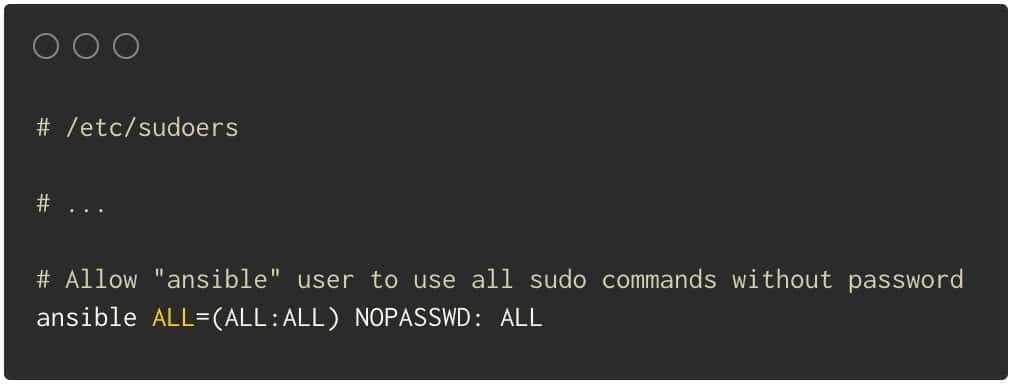 To allow a user named ansible to use all sudo commands without a password, add ansible ALL=(ALL:ALL) NOPASSWD: ALL in /etc/sudoers file.