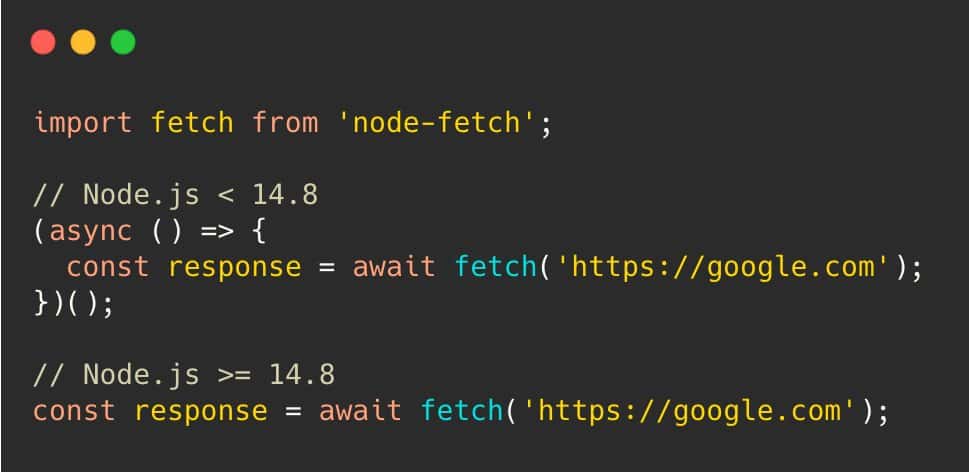 Prior to Node.js 14.8 you had to wrap async/await in an IIFE. From Node.js 14.8 and up, you can use top-level await in ES Modules.