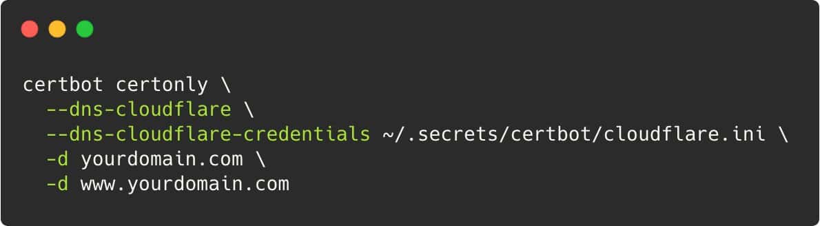 Use --dns-cloudflare and --dns-cloudflare-credentials flags during certificate generation with certbot to automate domain verification through DNS TXT records.