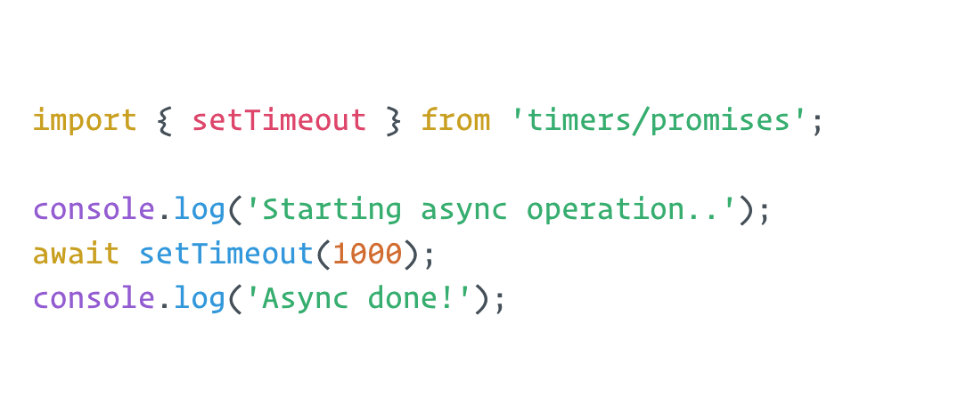 Native delay/sleep implementation by importing setTimeout from "timers/promises" core API and running with: await setTimeout(1000)