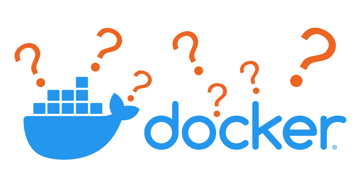 Docker logo and a bunch of question marks